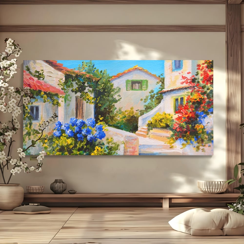 Tablou canvas cu pictura peisaj mediteranean cu case, fara rama, pe sasiu de lemn